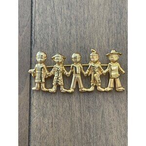 Five Gold-Tone Figures Holding Hands Brooch, Gold Tone, Signed